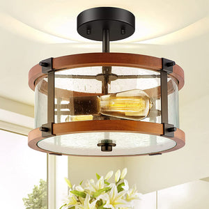 2-Light Rustic Wood Ceiling Light Fixture glass semi flush mount ceiling light