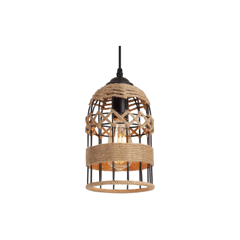 Black mini pendant lighting fixture rustic cage hemp rope pendant light fixture