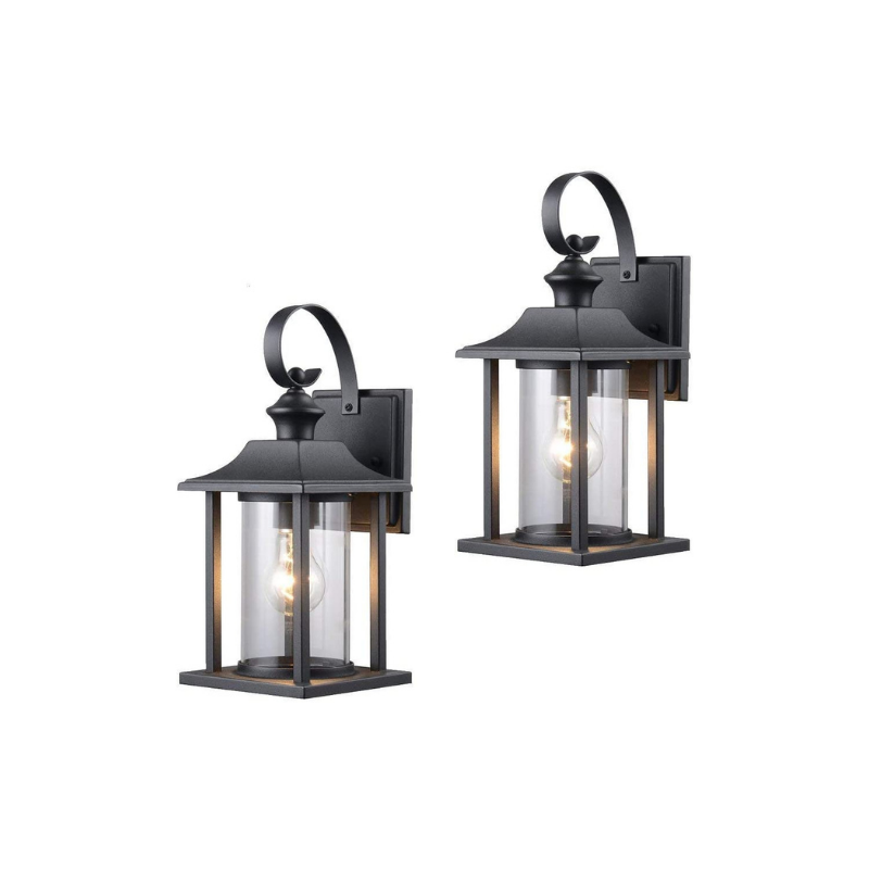 Black outdoor wall mount lighting fixture with clear glass shade