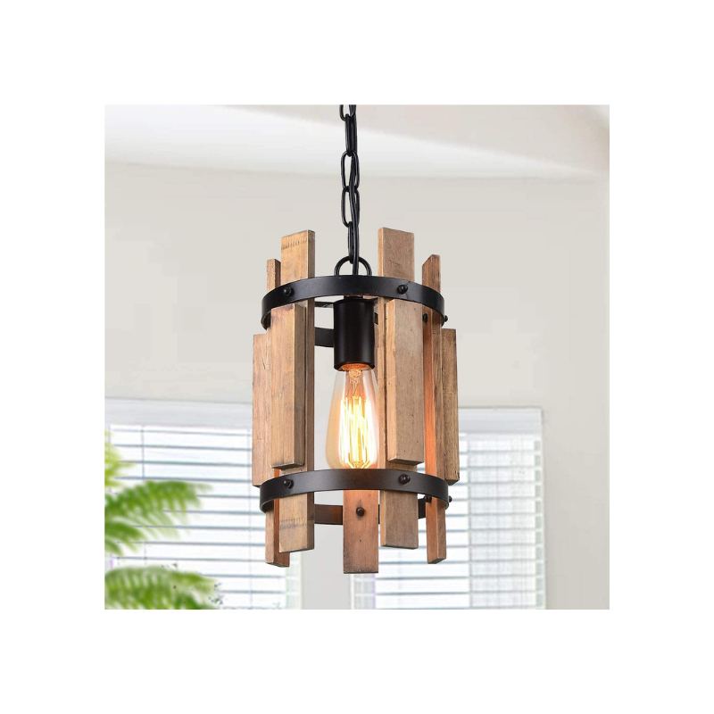Single wood cylinder pendant light fixture