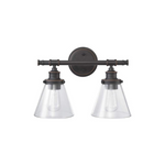 2 light vanity glass wall sconce with rubbed bronze finish