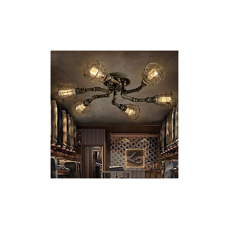 6 light industrial pipe ceiling light with rust finish