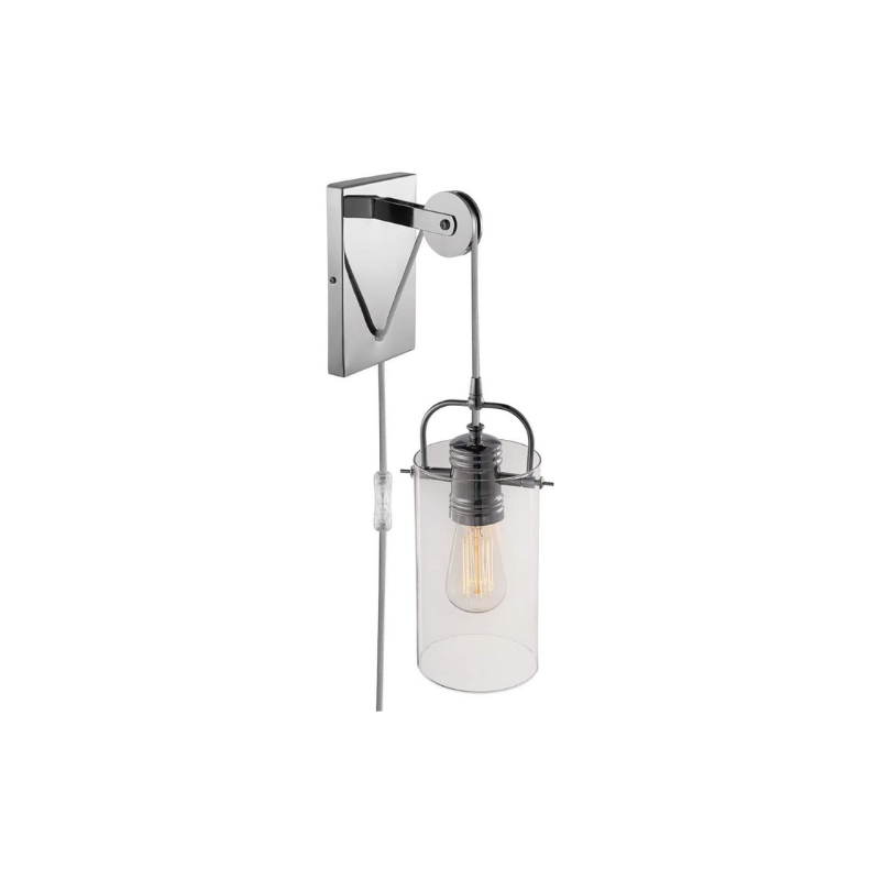 1 light plug in clear glass pulley wall sconce with chrome finish