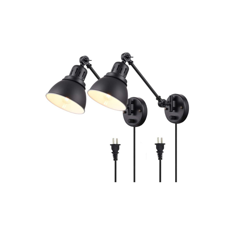 2 pack plug in swing arm wall light fixture black wall lighting for bedroom
