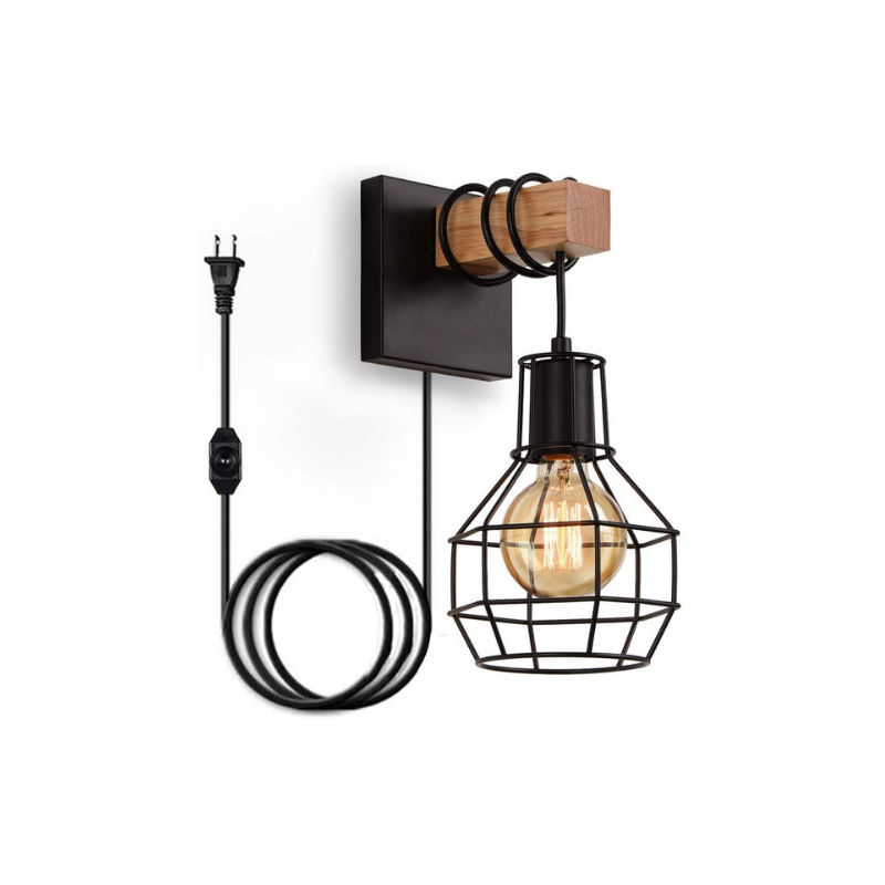 Black wall lamp with plug in cord industrial cage wood wall sconce