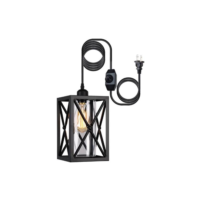 Vintage industrial dimmer switch plug in cage black pendant light