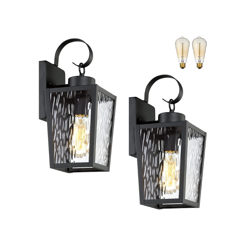 2 pack outdoor wall lantern black exterior wall sconce with water ripple glass shade