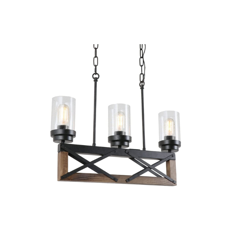 4 light wood black chandelier with clear glass shade