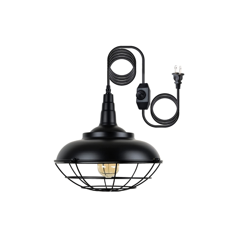 Black plug in pendant light fixture Industrial cage hanging lamp