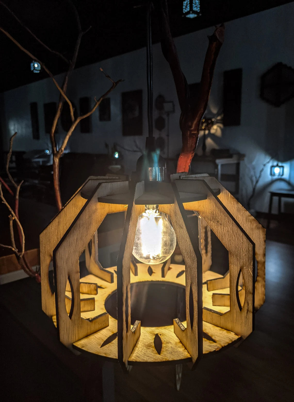 Wood geometric hanging lights vintage cage pendant chandelier light fixture